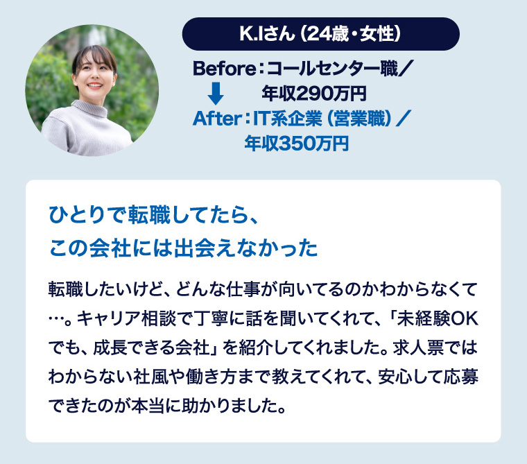 K.I.（24歳）職種ビフォー：コールセンター職 職種アフター：IT系企業（営業職） 年収ビフォー：290万円 年収アフター：350万円 ひとりで転職してたら、この会社には出会えなかった