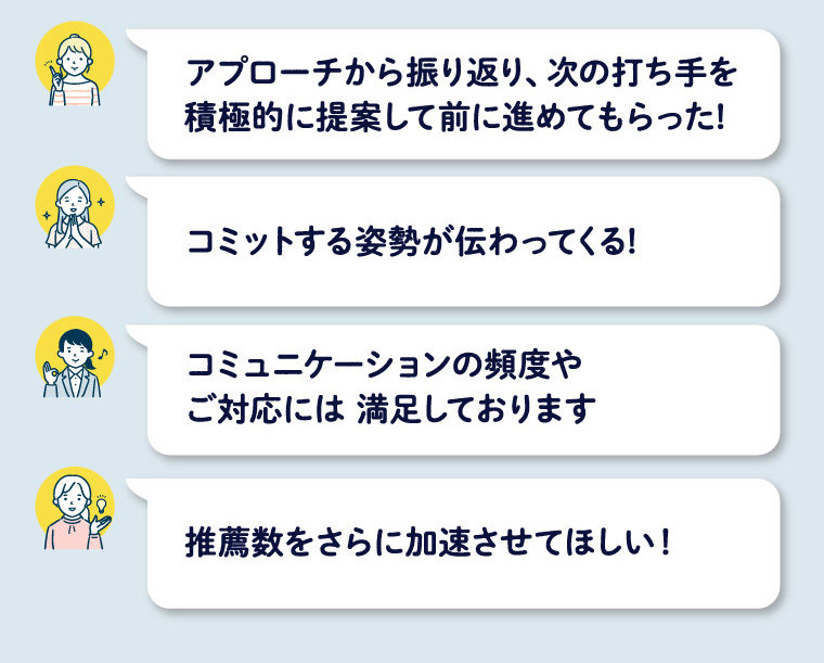 アプローチから振り返り、次の打ち手積極的に提案して前に進めてもらった!