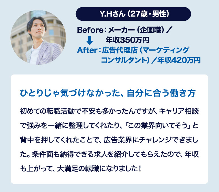 Y.H.（27歳）職種ビフォー：メーカー（企画職）職種アフター：広告代理店（マーケティング コンサルタント） 年収ビフォー：350万円 年収アフター：420万円 ひとりじゃ気づけなかった、自分に合う働き方